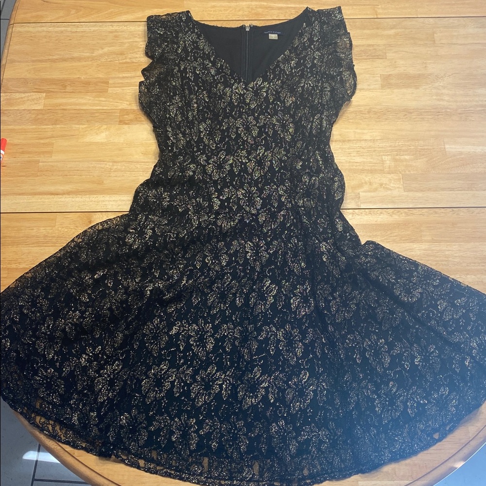 Tommy Hilfiger Black and Gold Lace Midi Dress Cap Sleeves